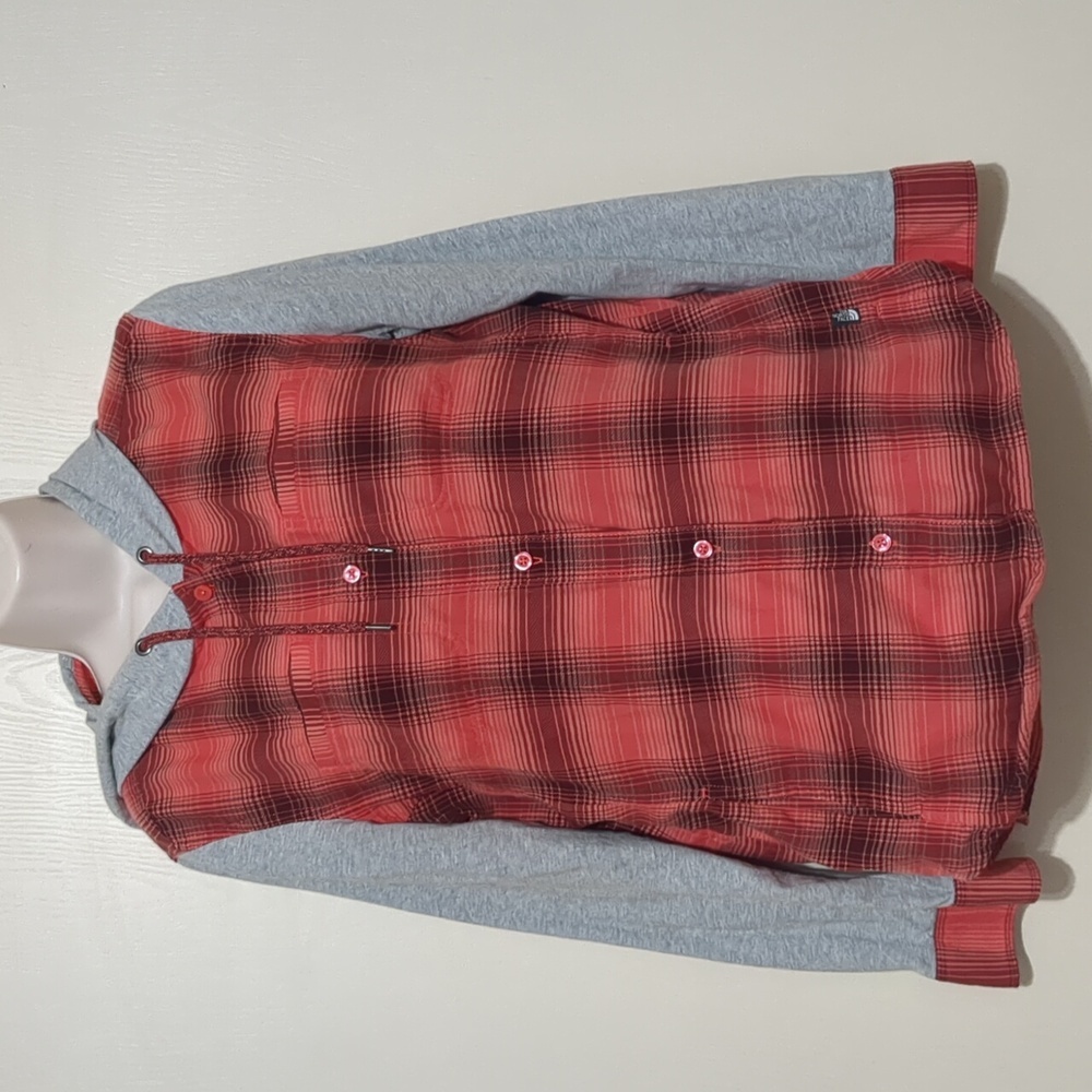 North Face Red Flannel Jacket Gray Sleeves Button Up Women’s S Small Hood